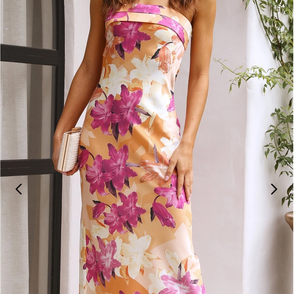 TOPERTH: SIZE LARGE satin folded floral over the bust maxi dress, orange/ pink